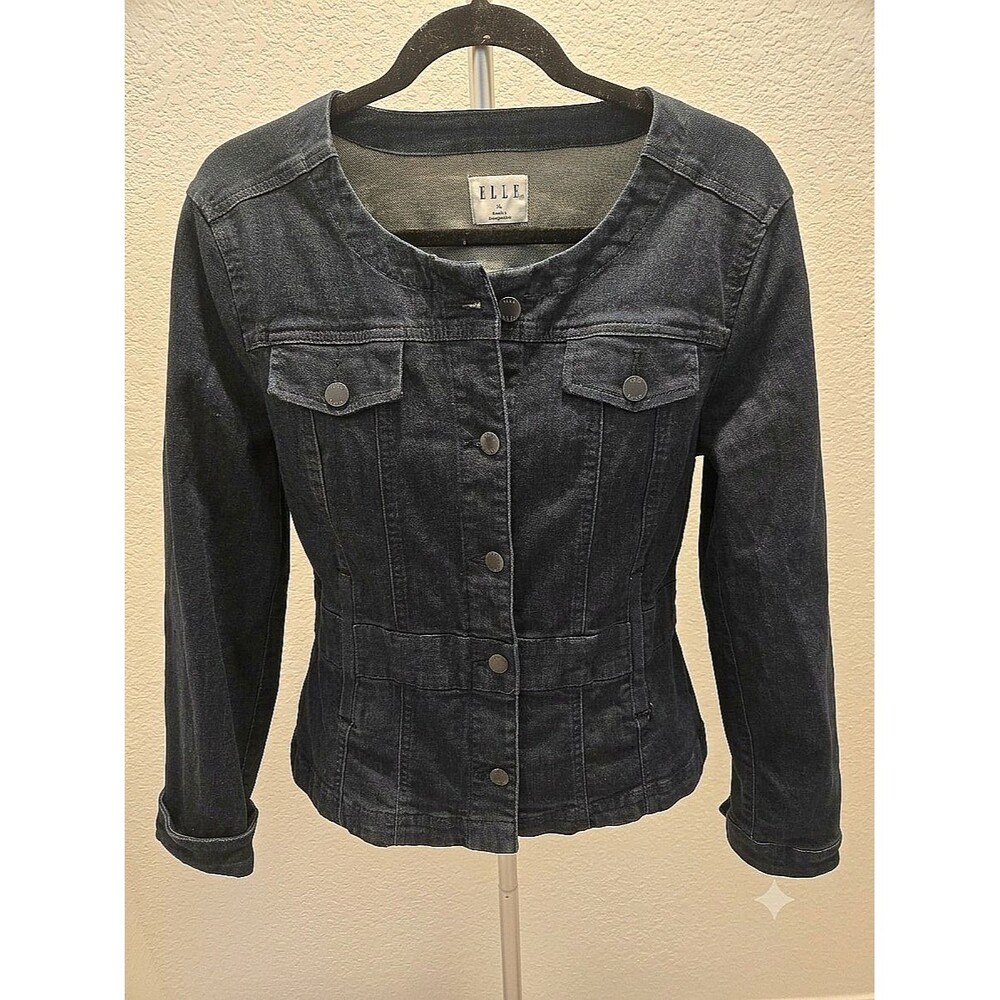 ELLE Dark Wash Denim Jacket XL Womens Collarless Cropped Jean Classic